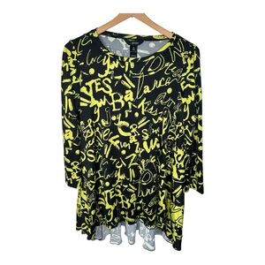 Ali Miles Tunic Top Size Medium Graffiti Script Print High Low Hem Black Yellow